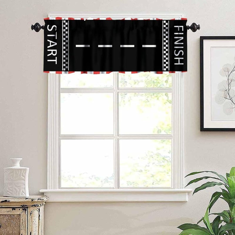YSWOW Teens Racing Valance Curtain Black White Grid Race Car Track Art Printed Window Drapes for Teens Kids Bedroom Decor W54xL18in Fabric 1 Panel - Image 2